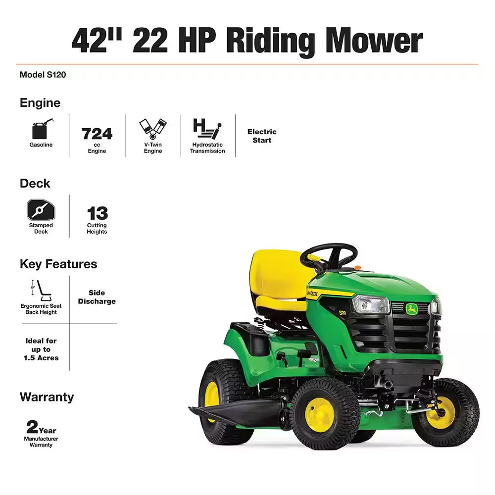 John Deere S120 42 In. 22 HP V-Twin Hydrostatic Gas Riding Lawn Mower