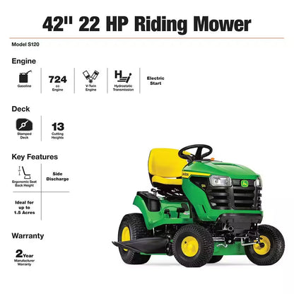 John Deere S120 42 In. 22 HP V-Twin Hydrostatic Gas Riding Lawn Mower
